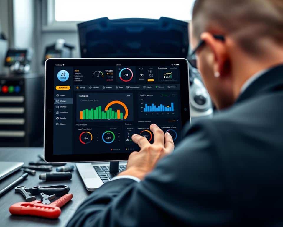 A modern dashboard interface of the Infocar automotive app, prominently displayed on a sleek tablet. The screen showcases various colorful graphs and diagnostic metrics, emphasizing management and complete vehicle diagnostics. In the foreground, a professional in business attire interacts with the app, focusing on the data. The middle layer features the tablet on a stylish desk, surrounded by automotive tools and a laptop. In the background, a well-lit workshop or office space adds a dynamic feel, with soft, ambient light illuminating the tech-focused environment. The mood is productive and innovative, reflecting efficiency and professionalism in automotive management. The angle is slightly elevated to capture both the user and the engaging interface.