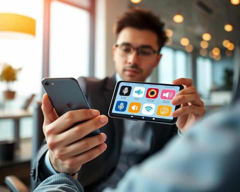 A person sitting at a stylish desk, intently browsing a smartphone displaying various voice modification applications. The foreground features the individual, dressed in professional business attire, looking thoughtfully at the screen. In the middle, colorful app icons are visible on the phone's screen, some featuring sound wave graphics and microphones, creating a sense of exploration and technology. The background includes soft-focus elements of a modern office, with warm lighting illuminating the scene, adding a cozy yet focused atmosphere. The overall mood conveys a blend of curiosity and professionalism, inviting viewers to consider their options in choosing the best voice-changing app. The angle is a slightly elevated perspective to emphasize the phone and the user's engagement.