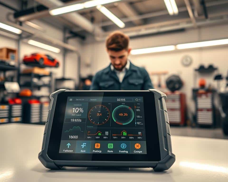 A sleek, modern automotive diagnostic tool displayed prominently on a clean, well-lit workshop table. In the foreground, the diagnostic device has a vibrant touchscreen interface showcasing various car performance metrics and graphs. In the middle ground, a professional technician dressed in a smart casual outfit examines the tool, demonstrating focus and expertise. Behind them, a sleek modern garage with tools and automotive equipment adds depth, filled with warm, soft lighting from overhead fixtures, creating an inviting atmosphere. The angle captures the technician’s interaction with the device, emphasizing the theme of precision and professionalism in automotive diagnostics. The overall mood is one of innovation and reliability, appealing to car enthusiasts and professionals alike.