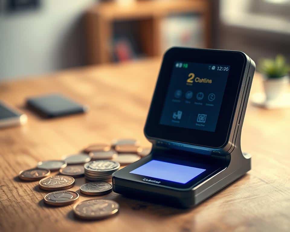 A sleek, modern coin scanner device sits prominently in the foreground, designed with a touchscreen interface and a compact, ergonomic shape. In the middle ground, an array of rare coins is displayed, gleaming under soft, natural lighting that highlights their intricate designs and textures. The background consists of a subtly blurred wooden table and a warm, inviting workspace ambiance. The image captures an atmosphere of efficiency and innovation, emphasizing quick and simple coin identification. A gentle glow emanates from the scanner, suggesting advanced technology. The perspective is slightly tilted, creating a dynamic angle that draws attention to the scanner and coins. The overall mood is inspiring and focused on the pursuit of numismatic knowledge.