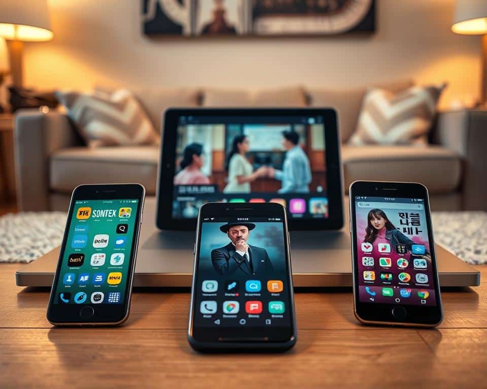 A sleek, modern flat lay composition showcasing mobile apps for watching Korean dramas. In the foreground, three smartphones display colorful app icons related to popular streaming services, arranged in a stylish manner. In the middle ground, a stylish tablet with a vibrant screenshot of a Korean drama scene, giving a sense of the rich storytelling. The background features a cozy living space with a soft-focus couch and decorative cushions, creating an inviting atmosphere. Warm, soft lighting illuminates the scene, simulating a relaxed evening vibe. Use a slight overhead angle for engaging visibility, making it feel intimate and personal. The overall mood is warm and inviting, reflecting the joy of discovering Korean dramas through the best apps available.