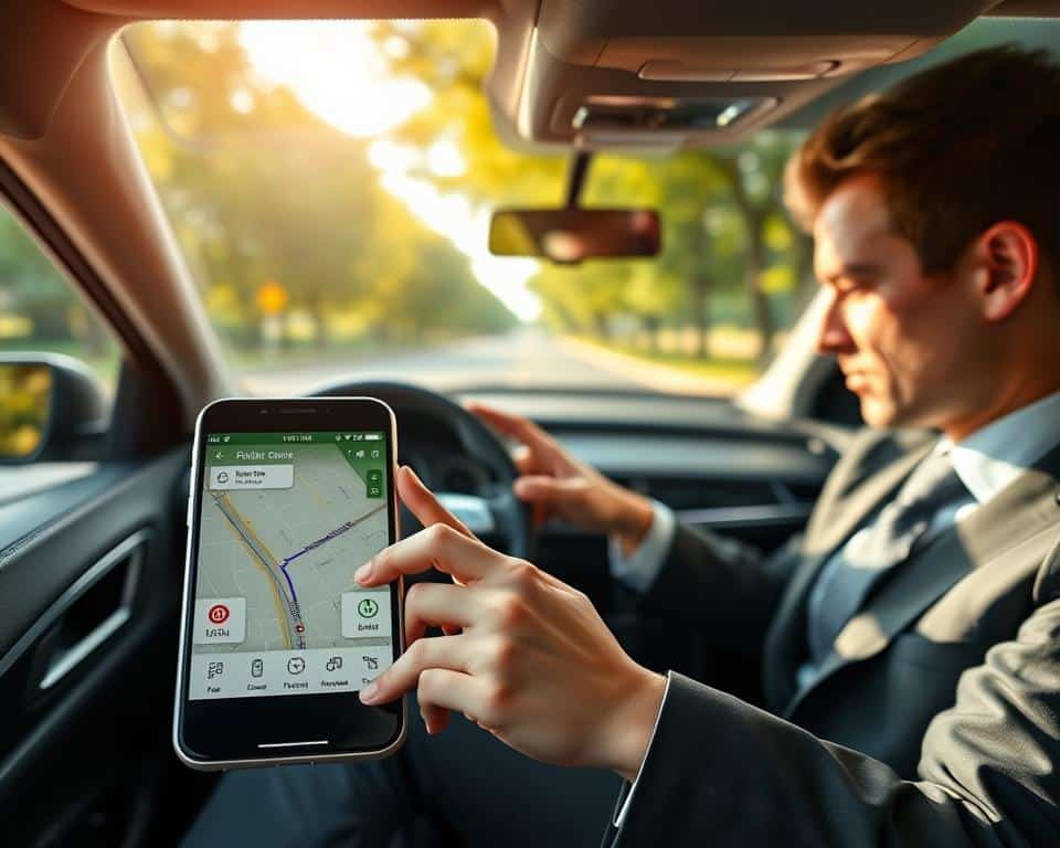 A sleek smartphone displaying a radar detection app interface, with clear indicators showing nearby speed traps and safe routes. The foreground features the phone's screen brightly lit, emphasizing user-friendly icons and a map overlay. In the middle ground, a driver, dressed in professional business attire, is attentively glancing at the smartphone while driving. The vehicle’s interior is modern and clean, with the steering wheel visible. The background shows a suburban road lined with trees, bathed in warm, natural sunlight, creating a cheerful and focused atmosphere. The scene captures a sense of safety and efficiency, highlighting the importance of technology in enhancing driving experience without distraction.