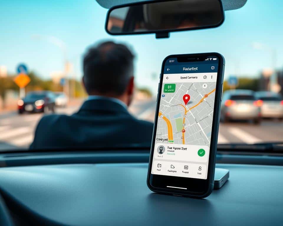 A sleek smartphone displaying the Radarbot app interface on its screen, showcasing a map with pinpointed speed cameras and alerts. The foreground features the phone on a clean, modern dashboard, reflecting professional business attire of a driver in the passenger seat, focused on road safety. In the middle ground, a blurred urban landscape with subtle traffic signs and vehicles passing by, emphasizing the importance of speed awareness. The background reveals a clear blue sky with soft natural lighting, creating a serene atmosphere that conveys focus and vigilance. The lens captures the scene from a slight angle, enhancing the dynamic feel of modern technology in road safety.