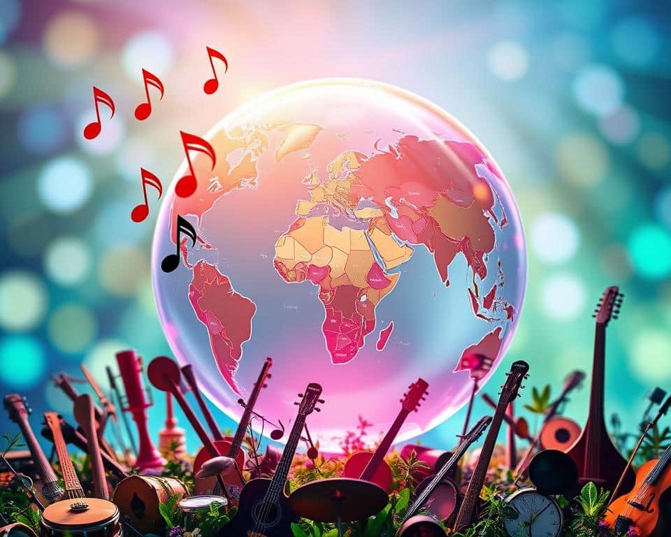 A vibrant and interactive scene depicting a virtual globe representing "Rádio Garden." In the foreground, stylized musical notes hover above a diverse array of musical instruments, symbolizing different cultures from around the world. The middle ground features a translucent globe with various country markers, each emitting colorful sound waves and light, illustrating real-time music from those regions. In the background, a soft-focus gradient of blues and greens creates a sense of depth and global connectivity. The scene is illuminated with warm, inviting lighting, enhancing the lively and engaging atmosphere. The angle is slightly elevated, providing a comprehensive view of this dynamic musical map, inviting viewers to discover and connect with the world's music.
