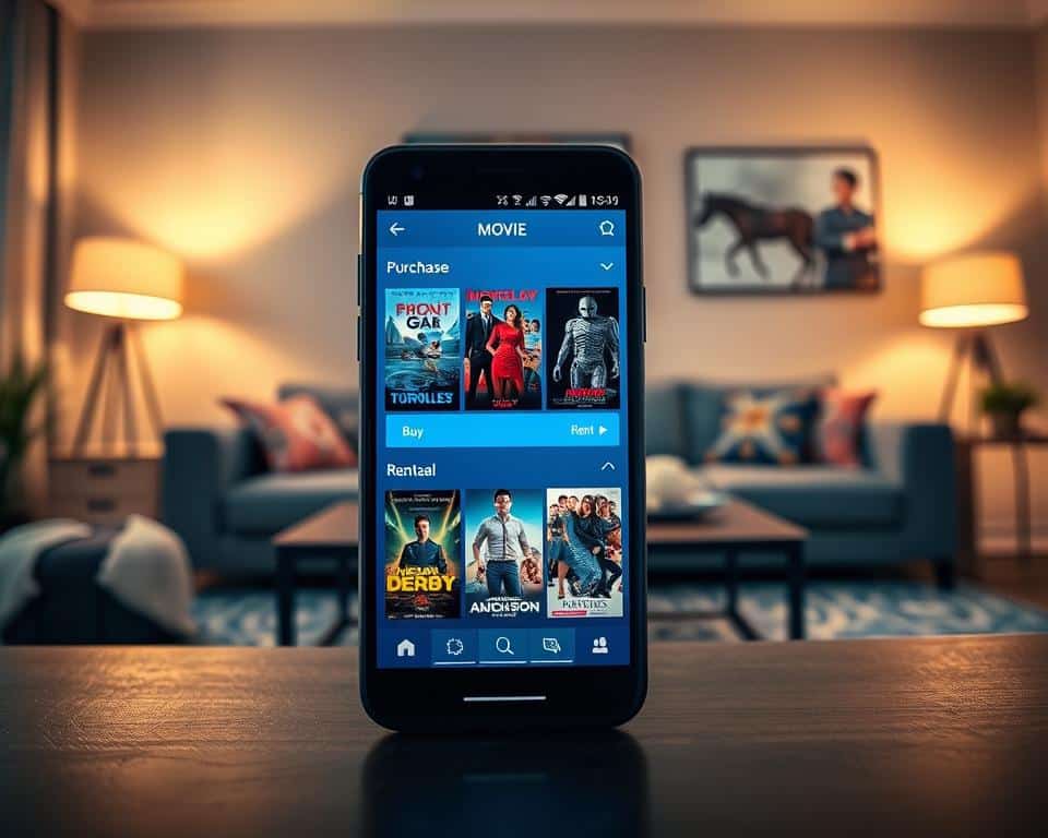 A vibrant and modern app interface showcasing a movie purchase and rental section on a sleek smartphone screen. In the foreground, the phone displays high-definition thumbnails of popular movie trailers, with visually appealing icons for 'Buy' and 'Rent'. The background features a cozy living room ambiance with soft lighting, a stylish sofa, and a coffee table, creating an inviting atmosphere. A subtle glow emanates from the screen to emphasize the technology and entertainment theme. The scene is shot at an eye-level angle to capture the details of the app interface. The mood is warm and engaging, encouraging users to explore the latest movie releases easily.