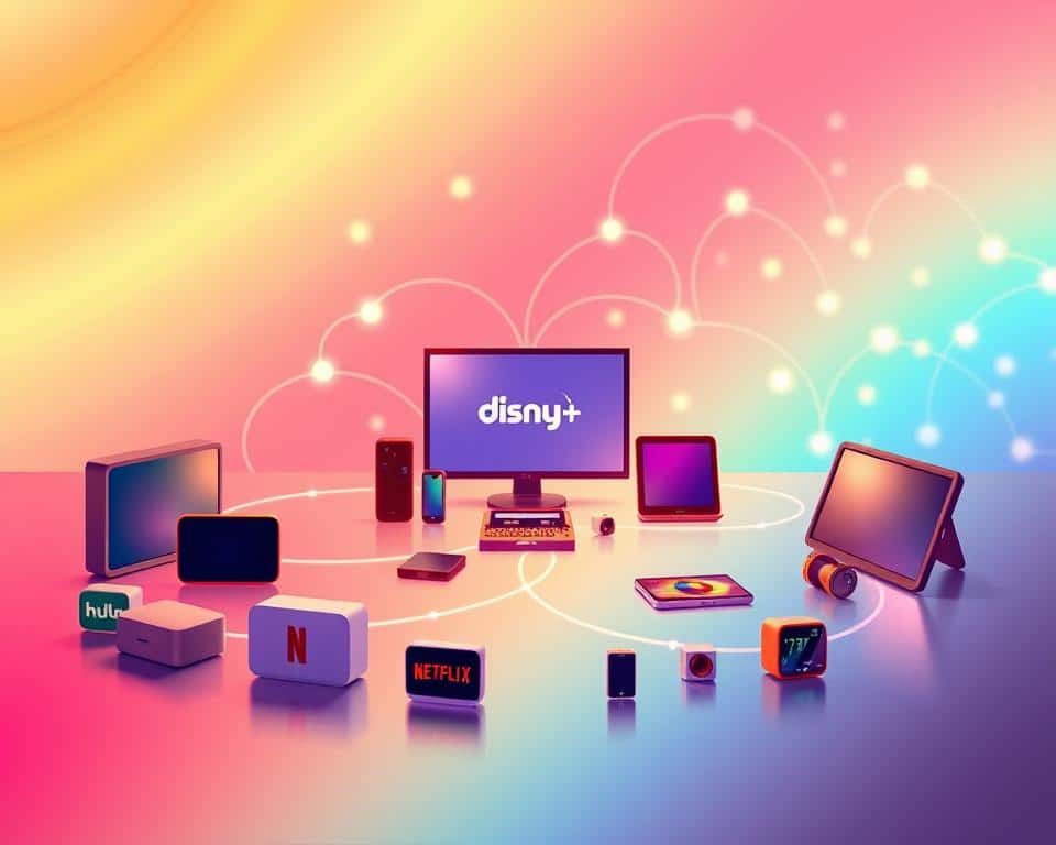 A vibrant illustration showcasing a comparative analysis of popular streaming platforms. In the foreground, feature sleek, modern icons of diverse streaming services like Netflix, Hulu, and Disney+, arranged in a visually appealing circular layout. In the middle, display various devices such as smartphones, tablets, and smart TVs, all connected with bright glowing lines indicating data flow between them. In the background, create a soft gradient of colors representing a dynamic digital environment, subtly resembling a network of data. Utilize warm, inviting lighting to evoke a sense of comfort and entertainment. Capture the scene from a slightly elevated angle to engage the viewer, creating an optimistic and informative mood that reflects the exploration of streaming options.