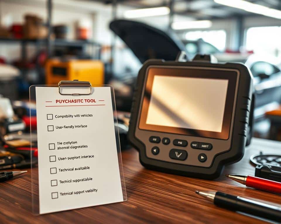 A well-organized checklist for purchasing a diagnostic tool, prominently displayed on a wooden desk with automotive tools scattered around. In the foreground, the checklist should include items like "Compatibility with vehicles," "User-friendly interface," and "Technical support availability." The middle layer features a close-up of a sleek automotive diagnostic scanner, showcasing its screen and buttons, subtly reflecting the workspace's overhead warm lighting. The background should depict a well-lit garage, with car parts and a workbench, exuding a professional atmosphere. Soft shadows enhance the depth of the scene, and a slight focus blur adds to the composition's dynamism, making it seem inviting and informative.