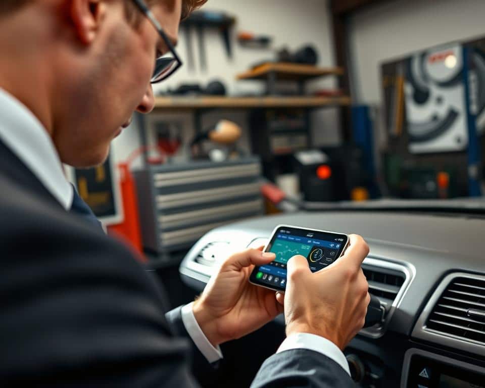A close-up shot of a person using a car diagnostic app on a smartphone in a well-lit garage setting. The individual is wearing professional business attire, focused on the screen as they connect the device to a car's OBD-II port under the dashboard. In the background, various automotive tools and equipment are arranged neatly, emphasizing a sense of professionalism and expertise. Natural light streams in from a nearby window, casting soft shadows that enhance the scene. The smartphone screen displays vibrant graphs and data readings, making the app's interface clear. The overall mood is one of concentration and efficiency, illustrating the process of automotive diagnostics from basic to advanced.