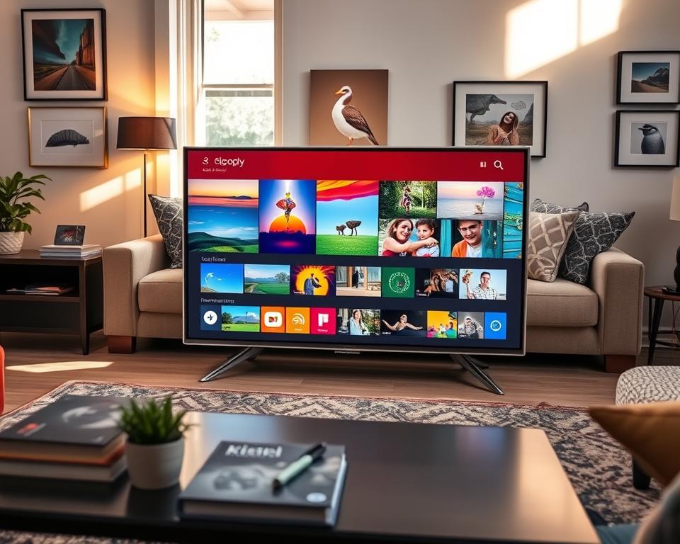 A modern living room featuring a sleek Google TV as the centerpiece, displaying a vibrant digital gallery of photos and artwork on its screen. Foreground: A stylish coffee table with art books and a small indoor plant. Middle: The TV showcases an array of colorful images, including landscapes, abstract art, and family photos, with soft, warm lighting illuminating the space. Background: A cozy sofa adorned with decorative pillows and framed art pieces on the walls. The atmosphere is inviting and artistic, perfect for showcasing creativity and personal style. The room is filled with natural light streaming in from a nearby window, enhancing the artwork displayed on the screen. The scene captures a harmonious blend of technology and art.
