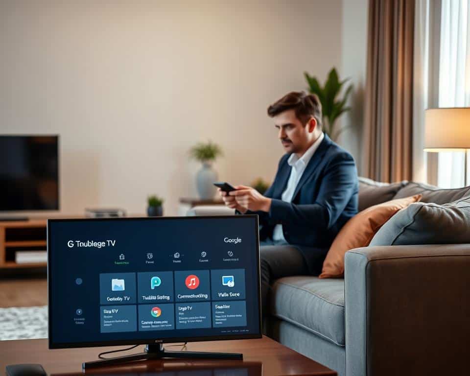 A modern living room scene featuring a stylish Google TV in the foreground, displaying the troubleshooting interface with icons for common technical issues. In the middle ground, a person in professional business attire, focused and engaged, is using a remote control while seated comfortably on a sleek couch. The background includes a contemporary entertainment setup with soft ambient lighting, warm hues, and minimalistic decor. The atmosphere is one of calm concentration, emphasizing problem-solving and technology. Use a slightly elevated angle to capture the scene, with soft natural light filtering through a nearby window for a welcoming feel. The overall mood should reflect a sense of ease while dealing with technical challenges.