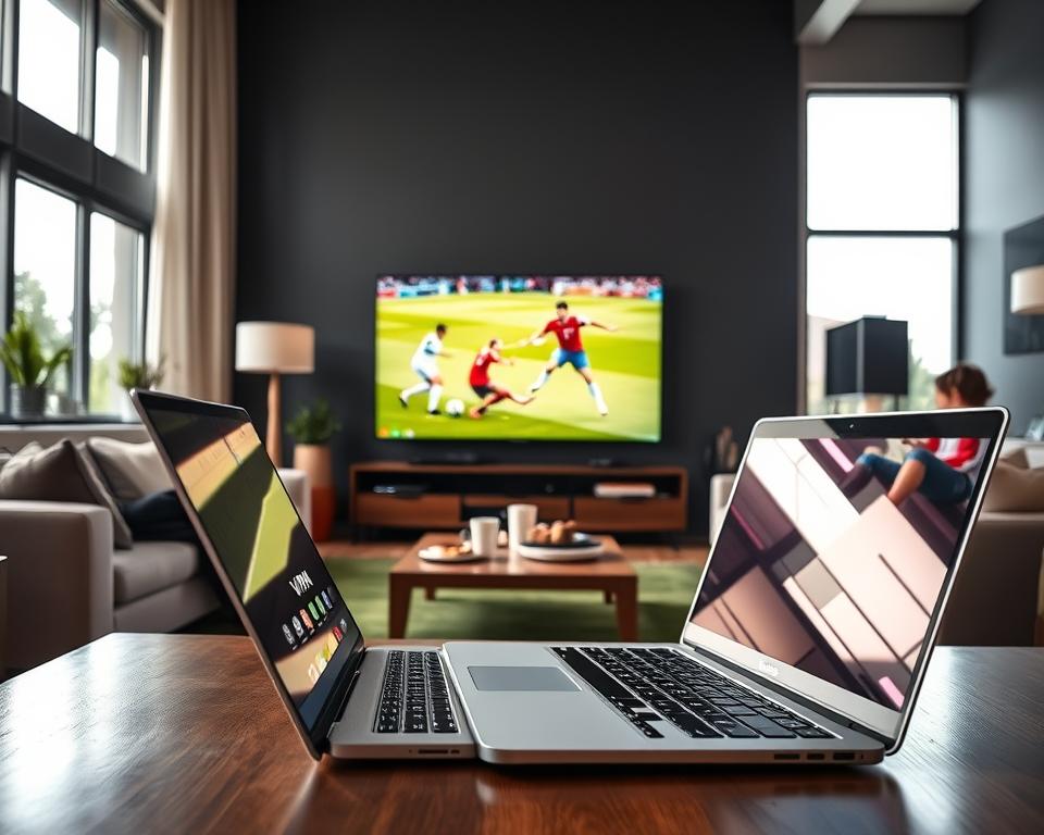A modern, stylish living room set up for a football viewing party. In the foreground, a sleek, high-tech laptop displays a VPN application interface, radiating a sense of digital security. On a large flat-screen TV in the middle, a football match plays, featuring teams from the Concacaf region, with vibrant colors and dynamic action. Surrounding the scene, comfortable seating and snacks create a welcoming atmosphere. Natural light streams in from large windows, casting soft shadows, while the screen glows brightly, enhancing the excitement. The mood is energetic and inviting, illustrating the thrill of watching live sports safely from home, emphasizing the importance of VPN for regional access.