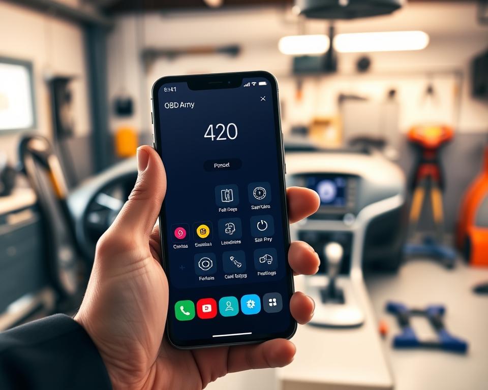 A sleek smartphone displaying the OBD Arny application, showcasing its intuitive user interface with large, easy-to-read icons for vehicle diagnostics. The foreground features a close-up of the phone held by a hand in a business-casual outfit, emphasizing a professional and user-friendly experience. In the middle ground, a blurred outline of a modern car's dashboard adds context, hinting at the automotive theme. The background features a softly lit garage with tools neatly arranged, suggesting a workspace for car diagnostics. The scene is warm and inviting, with soft, natural lighting to evoke a sense of reliability and simplicity, capturing the essence of straightforward automotive technology. A sleek smartphone displaying the OBD Arny application, showcasing its intuitive user interface with large, easy-to-read icons for vehicle diagnostics. The foreground features a close-up of the phone held by a hand in a business-casual outfit, emphasizing a professional and user-friendly experience. In the middle ground, a blurred outline of a modern car's dashboard adds context, hinting at the automotive theme. The background features a softly lit garage with tools neatly arranged, suggesting a workspace for car diagnostics. The scene is warm and inviting, with soft, natural lighting to evoke a sense of reliability and simplicity, capturing the essence of straightforward automotive technology.