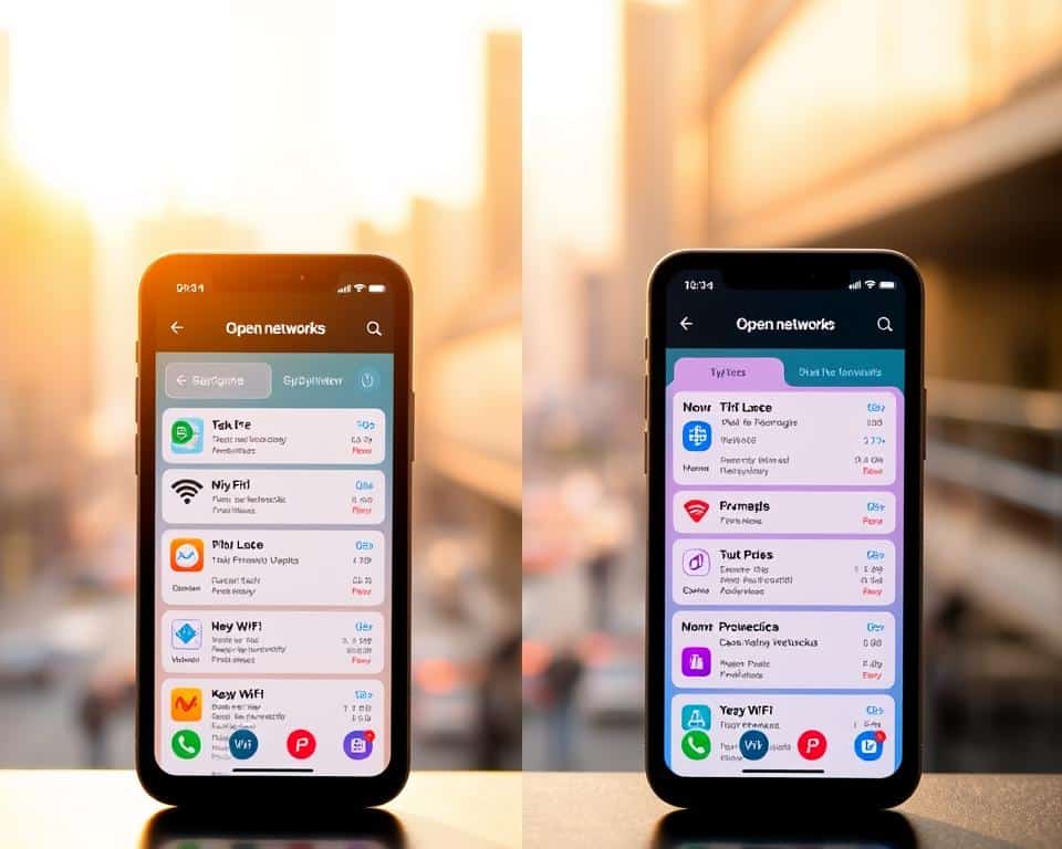 A split-screen comparison of smartphone interfaces displaying various Wi-Fi connection apps for open networks. The foreground features two smartphones side by side, illuminated by a soft, ambient light, showcasing vibrant, user-friendly app designs with clear, colorful icons and detailed lists of available networks. In the middle, a subtle grid pattern emphasizes the structure of the apps, while a blurred cityscape fills the background, suggesting a bustling urban environment. The lighting gives a warm, inviting glow that conveys ease and accessibility, echoing the theme of connecting effortlessly. The mood is modern and tech-savvy, appealing to users looking for reliable Wi-Fi solutions in 2024.