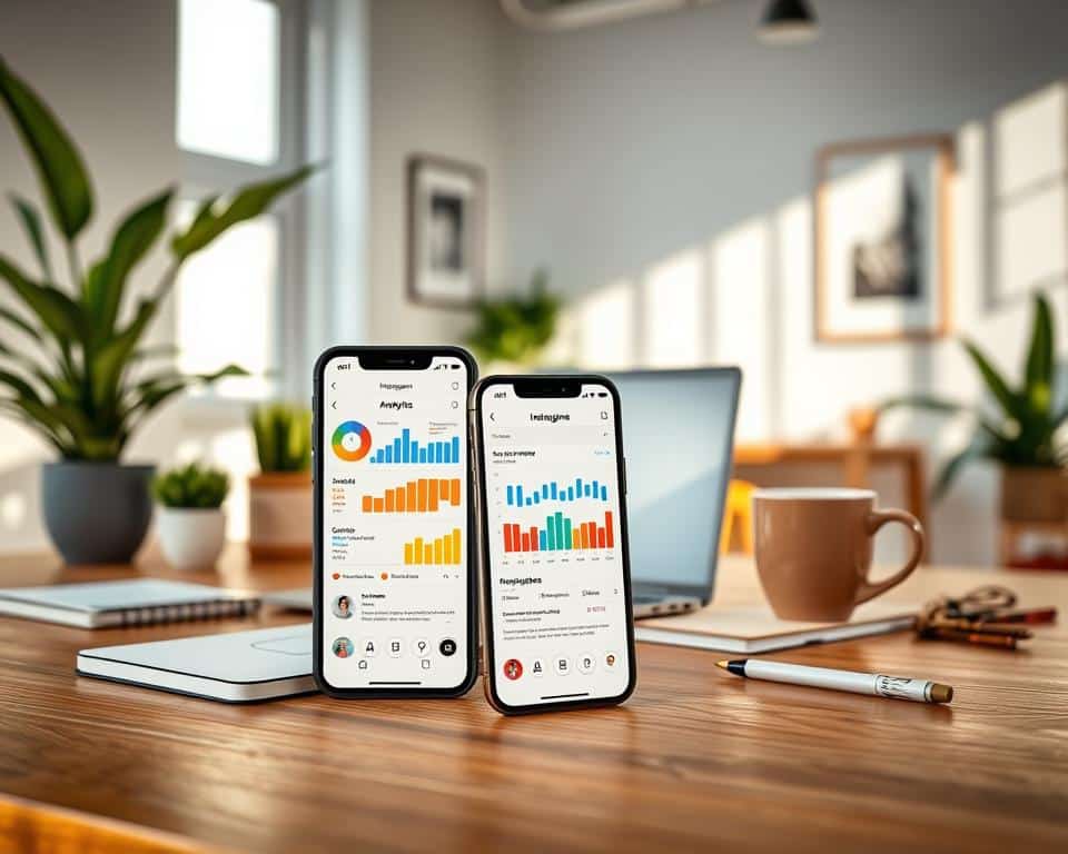 A vibrant and modern digital workspace designed for iOS users analyzing Instagram profiles. In the foreground, display a sleek iPhone with an open app showing detailed analytics of Instagram profiles, featuring colorful graphs and metrics. In the middle, include a stylish MacBook positioned on a wooden desk, surrounded by essential tools such as a notepad, stylish pens, and a trendy coffee mug. In the background, create a bright and airy office space with soft natural lighting streaming through a large window, illuminating potted plants and minimalist artwork on the walls. The atmosphere should feel productive and inviting, emphasizing a blend of technology and creativity. Aim for a sharp focus on the devices while keeping the background slightly blurred for depth.