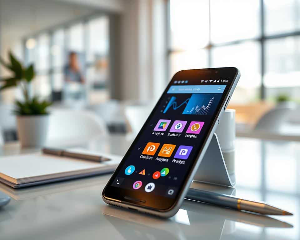 A vibrant, informative scene depicting a sleek Android smartphone displaying various analysis apps on its screen, surrounded by a glowing digital interface. In the foreground, a close-up view of the smartphone with colorful app icons representing analytics, social media insights, and data visualization. In the middle ground, a clean workspace with a notepad and pen, reflecting a professional atmosphere. The background features a modern office setting with soft, natural light filtering through a large window, creating an inviting atmosphere. The overall mood is one of productivity and curiosity, capturing the essence of technology-driven social media analysis. The composition should have a slight depth of field, focusing on the phone while gently blurring the background elements.