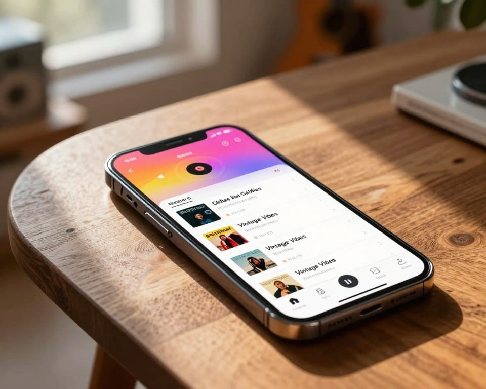 Aplicativo de música com playlist de músicas antigas em tela de celular