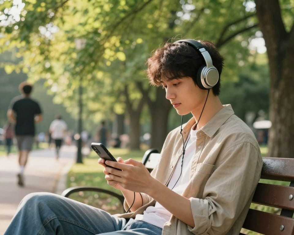 Pessoa usando celular para ouvir música com fones de ouvido, ilustrando a liberdade da música móvel