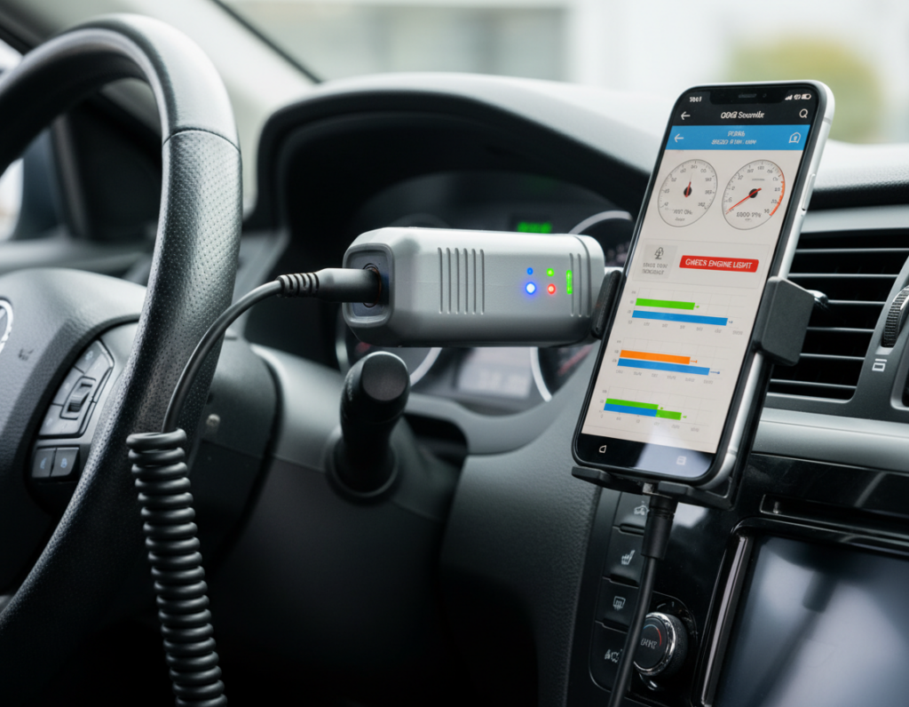Scanner OBD2 conectado ao veículo para diagnóstico via celular Scanner OBD2 conectado ao veículo para diagnóstico via celular