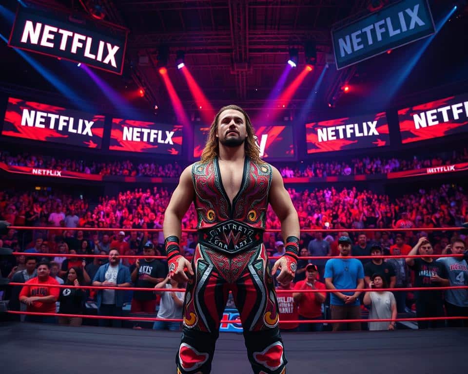 Vivid image of a vibrant wrestling arena showcasing Monday Night Raw’s dynamic atmosphere, located in a futuristic Netflix-branded environment. In the foreground, a charismatic wrestling superstar poses confidently in the ring, dressed in a professional wrestling costume with bright colors and intricate designs. The middle layer features an enthusiastic crowd, all captivated by the event, dressed in casual clothing. The background highlights large screens displaying the Netflix logo, illuminating the arena with a futuristic glow. Dynamic stage lighting casts dramatic shadows, enhancing the excitement and intensity of the moment. The mood is electric and energetic, capturing the essence of a live wrestling event seamlessly integrated into the Netflix platform. Use a wide-angle lens to create depth and immerse viewers in the scene.