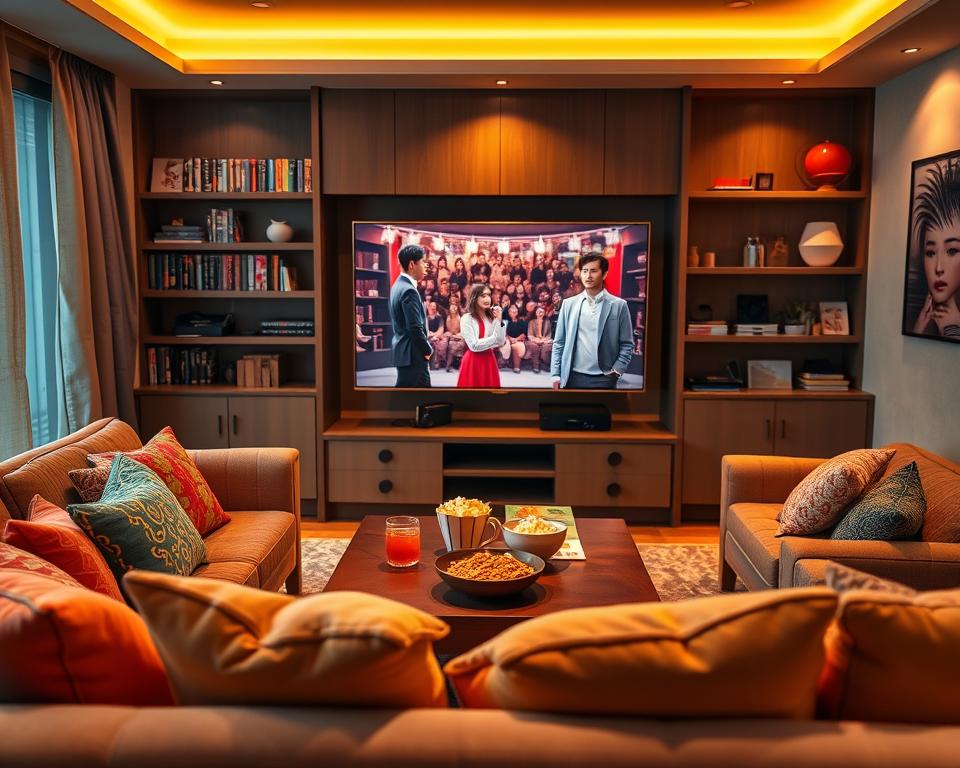 A cozy, inviting living room scene designed for watching Korean dramas. In the foreground, a plush sofa adorned with colorful cushions invites viewers to relax. A stylish coffee table holds snacks like popcorn and traditional Korean tea, enhancing the viewing experience. In the middle, a large, modern TV displays a captivating scene from a popular dorama, with warm, soft lighting creating an intimate atmosphere. The background features shelves lined with Korean DVD collections and decorative items that reflect Korean culture. The overall ambiance is cozy and inviting, suggesting a space where friends gather to enjoy their favorite shows. The lighting is warm, emphasizing a sense of comfort and excitement, with a slight focus on the TV using a shallow depth of field. A cozy, inviting living room scene designed for watching Korean dramas. In the foreground, a plush sofa adorned with colorful cushions invites viewers to relax. A stylish coffee table holds snacks like popcorn and traditional Korean tea, enhancing the viewing experience. In the middle, a large, modern TV displays a captivating scene from a popular dorama, with warm, soft lighting creating an intimate atmosphere. The background features shelves lined with Korean DVD collections and decorative items that reflect Korean culture. The overall ambiance is cozy and inviting, suggesting a space where friends gather to enjoy their favorite shows. The lighting is warm, emphasizing a sense of comfort and excitement, with a slight focus on the TV using a shallow depth of field.