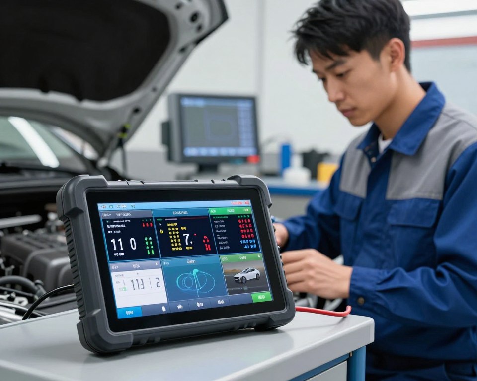 A detailed automotive OBD2 diagnostic scanner prominently displayed in the foreground. The scanner features a sleek, modern design with a vibrant touchscreen displaying various car diagnostic data such as engine codes and real-time metrics. In the middle ground, a technician in professional business attire is focused on using the scanner, demonstrating its functionality. The background shows a well-lit automotive workshop, equipped with tools and diagnostic equipment, creating a professional atmosphere. Soft, natural lighting enhances the clarity of the scanner’s screen and reflects on the technician's focused expression. The scene conveys a sense of precision and reliability in automotive diagnostics, embodying the promise of top-quality tools for vehicle care.