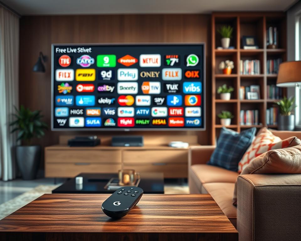 A modern living room scene showcasing a sleek television set displaying an array of vibrant logos representing free live TV channels. In the foreground, a stylish coffee table holds the Google TV remote, alongside an inviting couch adorned with colorful cushions. The middle layer of the composition features a warm ambiance created by soft lighting, emphasizing the dynamic display on the TV. The background includes a bookshelf lined with DVDs and decorative plants, adding a touch of homely charm. The entire atmosphere conveys excitement and comfort, highlighting the concept of enjoying live TV effortlessly. Use a wide-angle lens perspective to enhance depth, with natural light gently filtering in through a nearby window.