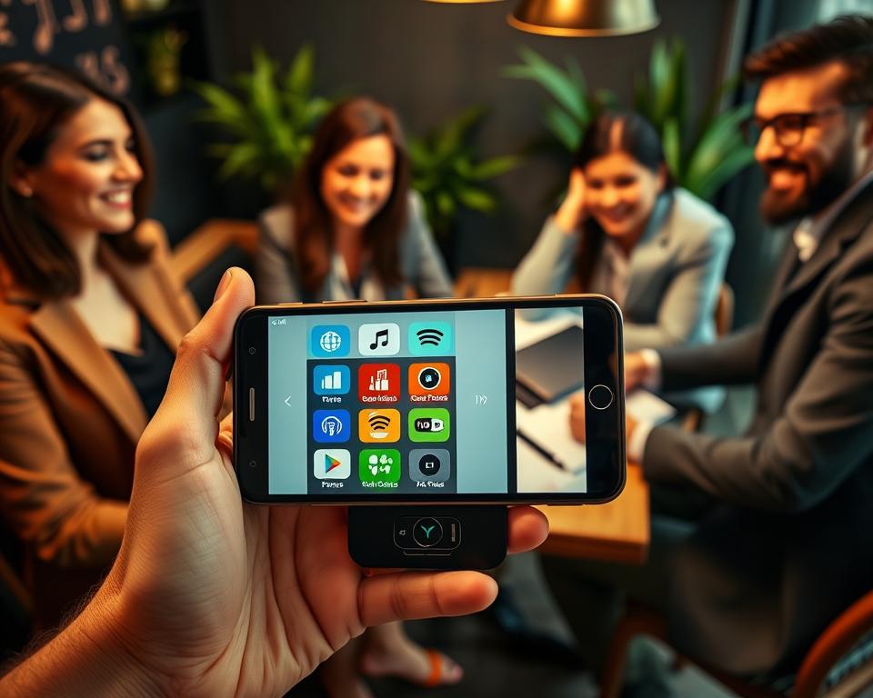 A modern smartphone displaying a radio app interface with colorful icons representing various FM and AM stations. In the foreground, the phone is held by a diverse group of people—one wearing a smart casual outfit and another in business attire—engaged in a friendly discussion about choosing between free and paid subscription options. In the middle, a table is cluttered with notes, pens, and a laptop, suggesting research and decision-making. The background features a cozy café setting with soft lighting and a few plants, creating an inviting atmosphere. The overall mood is lively and collaborative, highlighting the process of selecting the perfect radio app plan. Focus on warm lighting and a shallow depth of field that emphasizes the smartphone and the people.