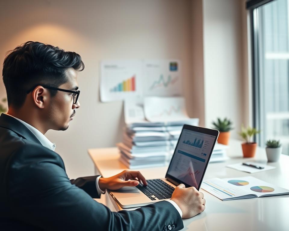 A modern workspace with a professional setting, featuring a person in business attire analyzing data on a sleek laptop. The foreground shows the laptop screen displaying colorful graphs and social media icons, while the individual appears focused, with an expression of curiosity. In the middle background, there are stacks of reports and charts scattered around, illustrating various analysis methods. The ambiance is enhanced by soft, natural lighting coming from a window, casting a warm glow on the workspace. A sleek modern desk and a few potted plants add a touch of creativity. The overall mood is one of introspection and strategic thinking, reflecting the theme of social media analysis. A modern workspace with a professional setting, featuring a person in business attire analyzing data on a sleek laptop. The foreground shows the laptop screen displaying colorful graphs and social media icons, while the individual appears focused, with an expression of curiosity. In the middle background, there are stacks of reports and charts scattered around, illustrating various analysis methods. The ambiance is enhanced by soft, natural lighting coming from a window, casting a warm glow on the workspace. A sleek modern desk and a few potted plants add a touch of creativity. The overall mood is one of introspection and strategic thinking, reflecting the theme of social media analysis.