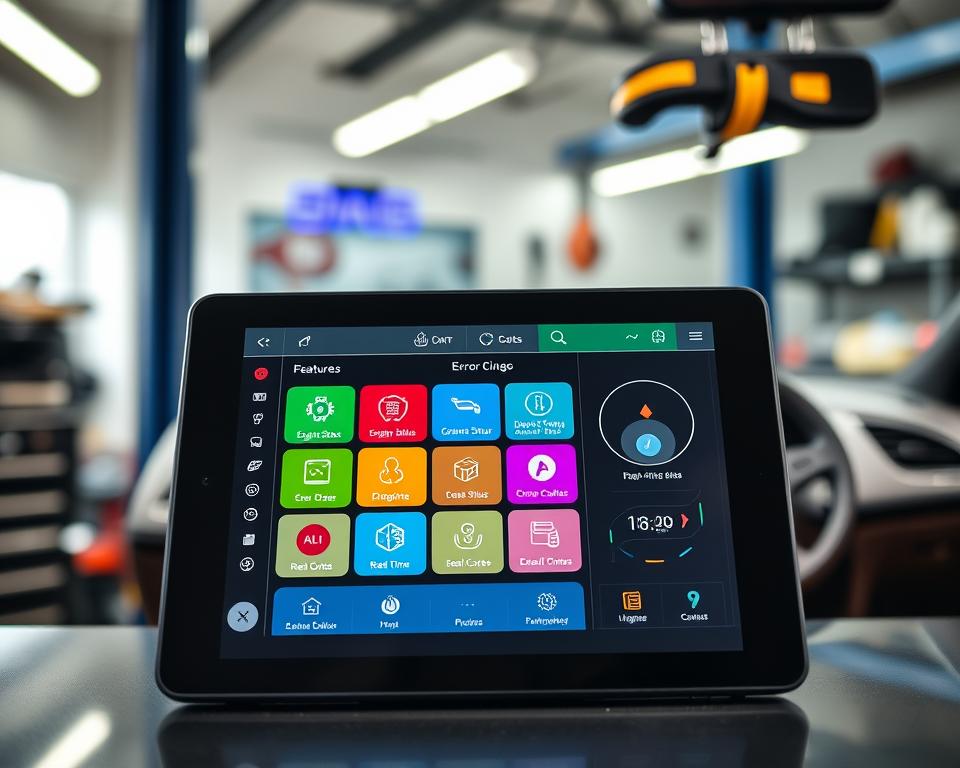 A sleek and user-friendly OBD Auto Doctor interface displayed on a modern tablet. In the foreground, the tablet shows vibrant, easy-to-navigate diagnostic menus, emphasizing features like engine status, error codes, and real-time data. The interface is designed with bright colors and clear icons that convey simplicity and efficiency. In the middle background, a workspace with tools and a car dashboard from a stylish mechanic shop enhances the setting. The lighting is bright and inviting, creating a sense of professionalism and ease-of-use. The scene captures a mood of trust and reliability, appealing to car enthusiasts and everyday drivers alike, while ensuring the workspace remains organized and visually appealing.