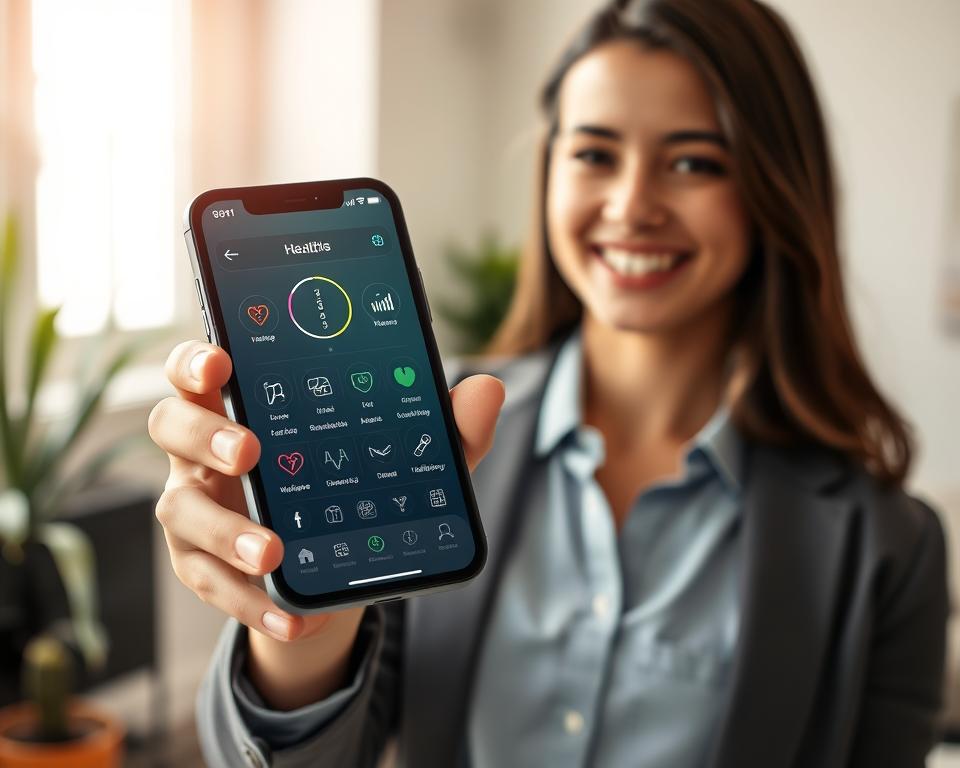 A sleek, modern smartphone displaying a health monitoring app interface, focusing on features such as blood pressure tracking, heart rate monitoring, and health tips. In the foreground, the phone is held by a cheerful young professional in smart casual attire, with an engaged expression. In the middle ground, various health-related icons like heartbeats and charts are subtly overlaid on the screen. The background consists of a bright, minimalistic home or office setting, with soft natural light streaming through a window, promoting a sense of calm and reliability. The overall atmosphere is one of empowerment and wellness, inspiring users to take charge of their health.