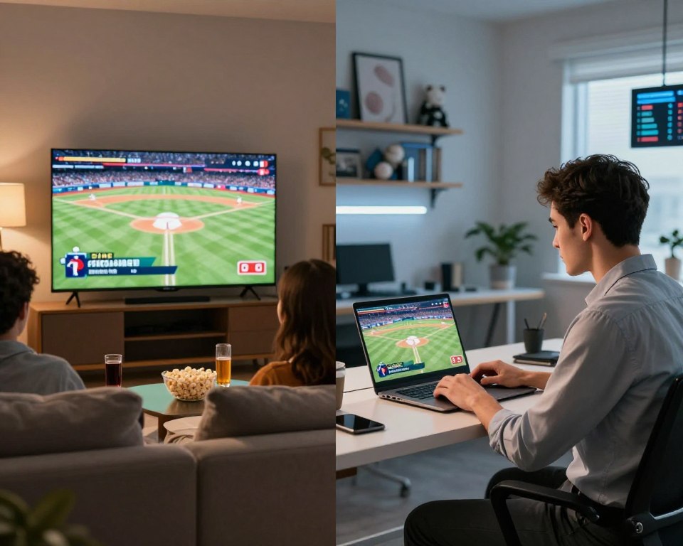 A split-screen image illustrating the contrast between free and paid baseball streaming options. On the left side, depict a cozy living room setting with a large TV showing a baseball game streamed for free, featuring people in casual clothing watching intently, with popcorn and drinks nearby. Use warm lighting to create an inviting atmosphere. On the right side, illustrate a sleek, modern home office where an individual in business attire is focused on a laptop, streaming a premium baseball game. Use cooler, brighter lighting to evoke a sense of professionalism. In the background, blend elements like baseball memorabilia and screens displaying stats to enhance the baseball theme. The overall mood should balance comfort and professionalism, accurately reflecting the two options.
