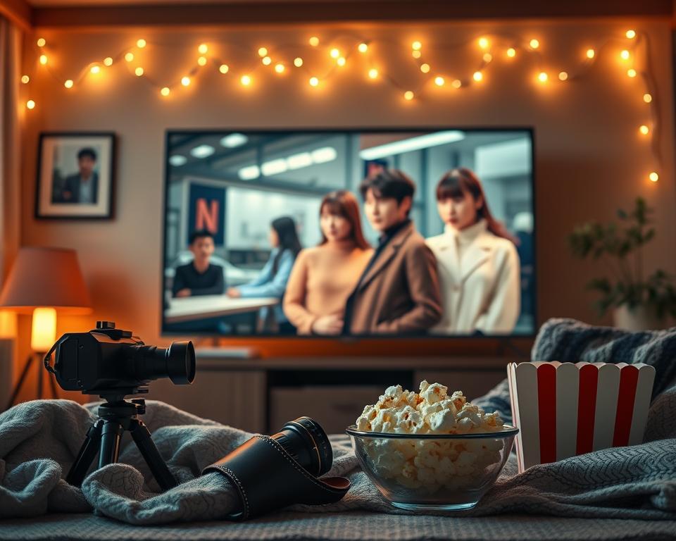 A vibrant and atmospheric still-life scene showcasing popular original Korean Netflix productions. In the foreground, a stylized display of iconic items representing various genres of Korean series and films, such as a vintage film camera, a cozy blanket, and a bowl of popcorn. In the middle ground, a sleek flat-screen television portrays a dynamic scene from a well-known drama, with characters dressed in modern, fashionable attire, conveying emotional depth. The background features a softly lit living room with warm tones, accentuated by fairy lights, creating an inviting ambiance. The lighting is warm and soft, reminiscent of a cozy movie night at home, evoking a sense of comfort and excitement. Capture a cinematic angle that feels immersive and engaging, inviting viewers to explore the world of Korean entertainment on Netflix. A vibrant and atmospheric still-life scene showcasing popular original Korean Netflix productions. In the foreground, a stylized display of iconic items representing various genres of Korean series and films, such as a vintage film camera, a cozy blanket, and a bowl of popcorn. In the middle ground, a sleek flat-screen television portrays a dynamic scene from a well-known drama, with characters dressed in modern, fashionable attire, conveying emotional depth. The background features a softly lit living room with warm tones, accentuated by fairy lights, creating an inviting ambiance. The lighting is warm and soft, reminiscent of a cozy movie night at home, evoking a sense of comfort and excitement. Capture a cinematic angle that feels immersive and engaging, inviting viewers to explore the world of Korean entertainment on Netflix.