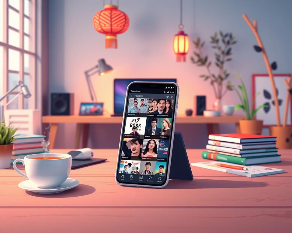 A visually striking digital illustration depicting a modern workspace featuring a smartphone displaying a variety of Asian drama apps. In the foreground, a sleek, stylish smartphone is centered, its screen showcasing vibrant thumbnails of popular Korean dramas. Surrounding the phone are colorful elements like a steaming cup of tea and a stack of drama-related merchandise, such as DVDs and posters. The middle layer includes a cozy desk setup with soft lighting that creates a warm ambiance, enhancing the inviting atmosphere. In the background, subtle hints of an Asian-inspired decor, such as a hanging lantern and bamboo plants, evoke the essence of Asian culture. The overall mood is cheerful and engaging, inviting viewers to explore the world of Asian dramas through specialized apps.