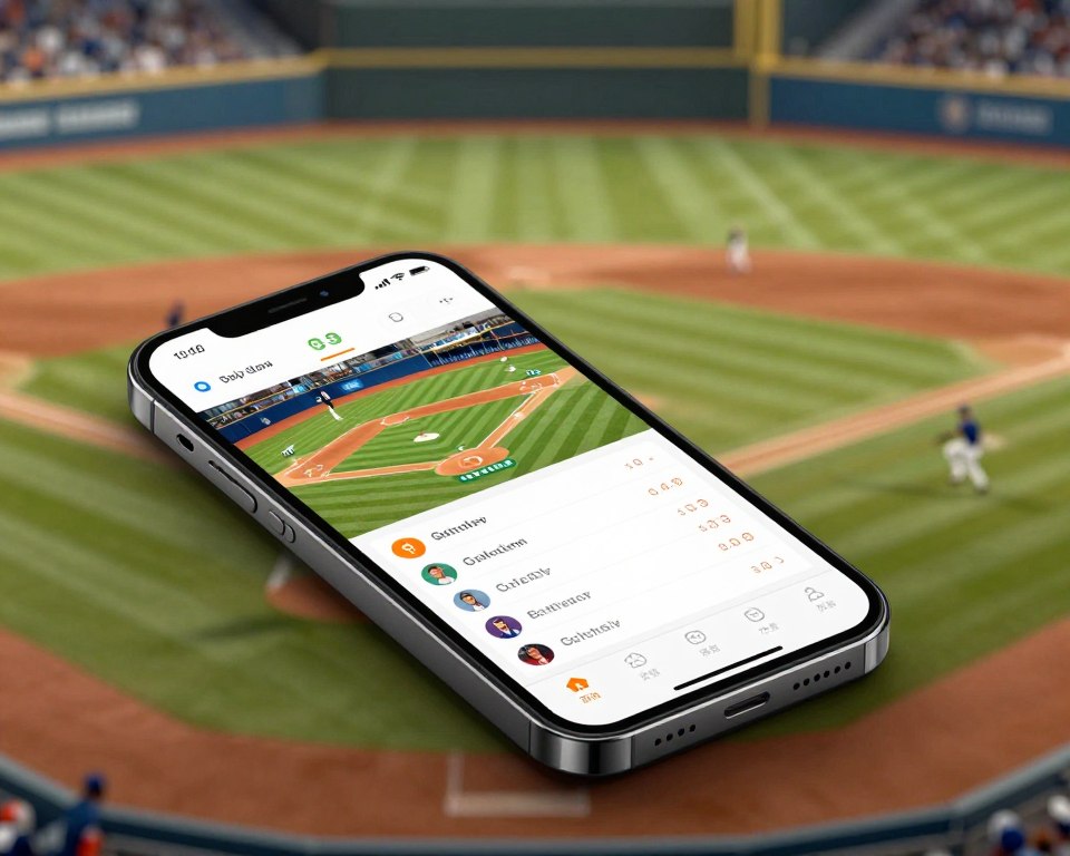 An overhead view of a sleek mobile app interface showcasing baseball statistics and analysis tools. The foreground features a smartphone displaying colorful graphs, player stats, and game data. The middle layer includes a baseball field subtly integrated into the background, with players in action, capturing the essence of the game. Soft, warm lighting enhances the clarity of the app screen, while a shallow depth of field keeps the focus on the phone. The mood is dynamic and engaging, conveying excitement about understanding every play in baseball through technology. The overall composition is professional, emphasizing a modern approach to sports analytics.